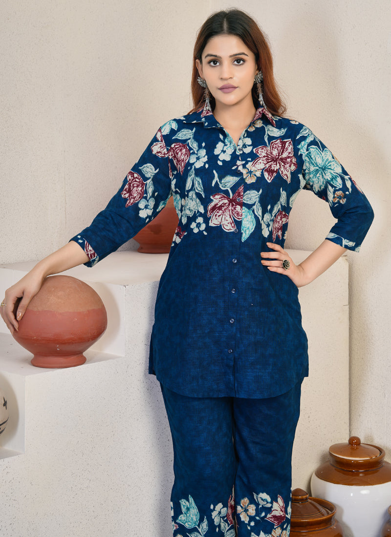 Prazu Fashion Blue Pure Cotton Stylish Prints Co-Ords Set | Grocsy