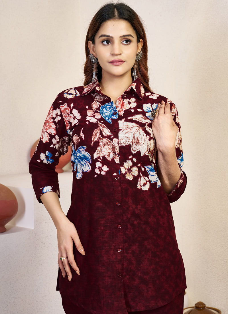 Prazu Fashion Maroon Pure Cotton Stylish Prints Co-Ords Set | Grocsy