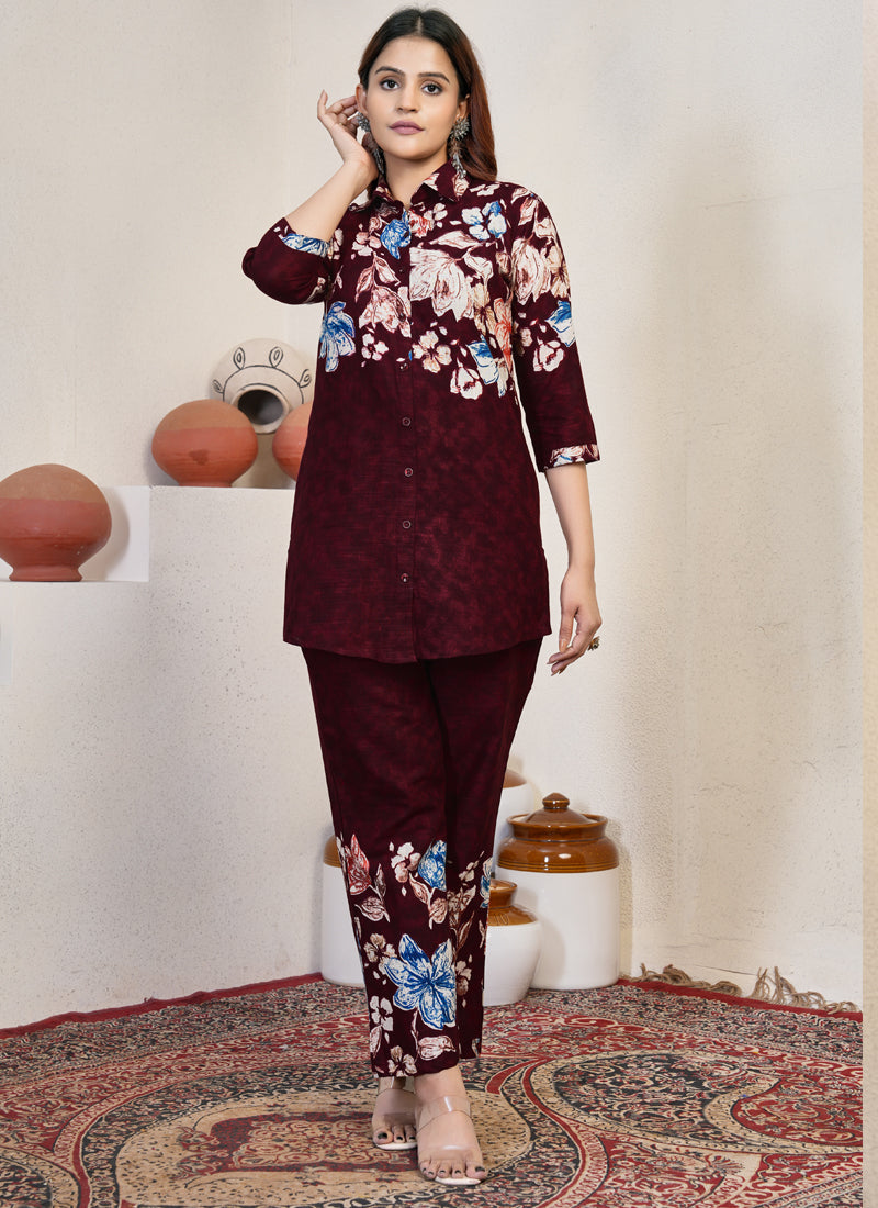 Prazu Fashion Maroon Pure Cotton Stylish Prints Co-Ords Set | Grocsy