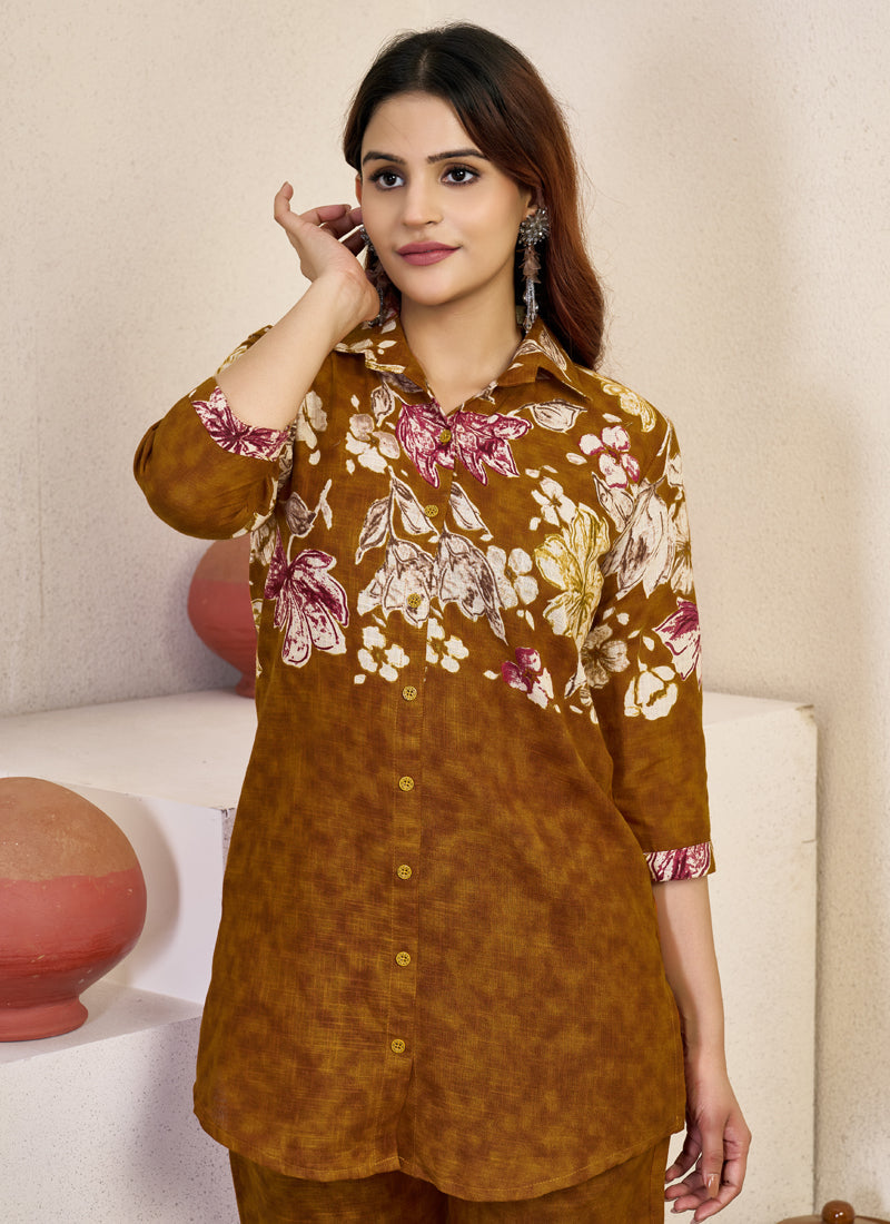 Prazu Fashion Mustard Pure Cotton Stylish Prints Co-Ords Set | Grocsy