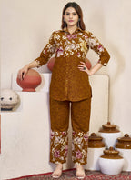 Prazu Fashion Mustard Pure Cotton Stylish Prints Co-Ords Set | Grocsy
