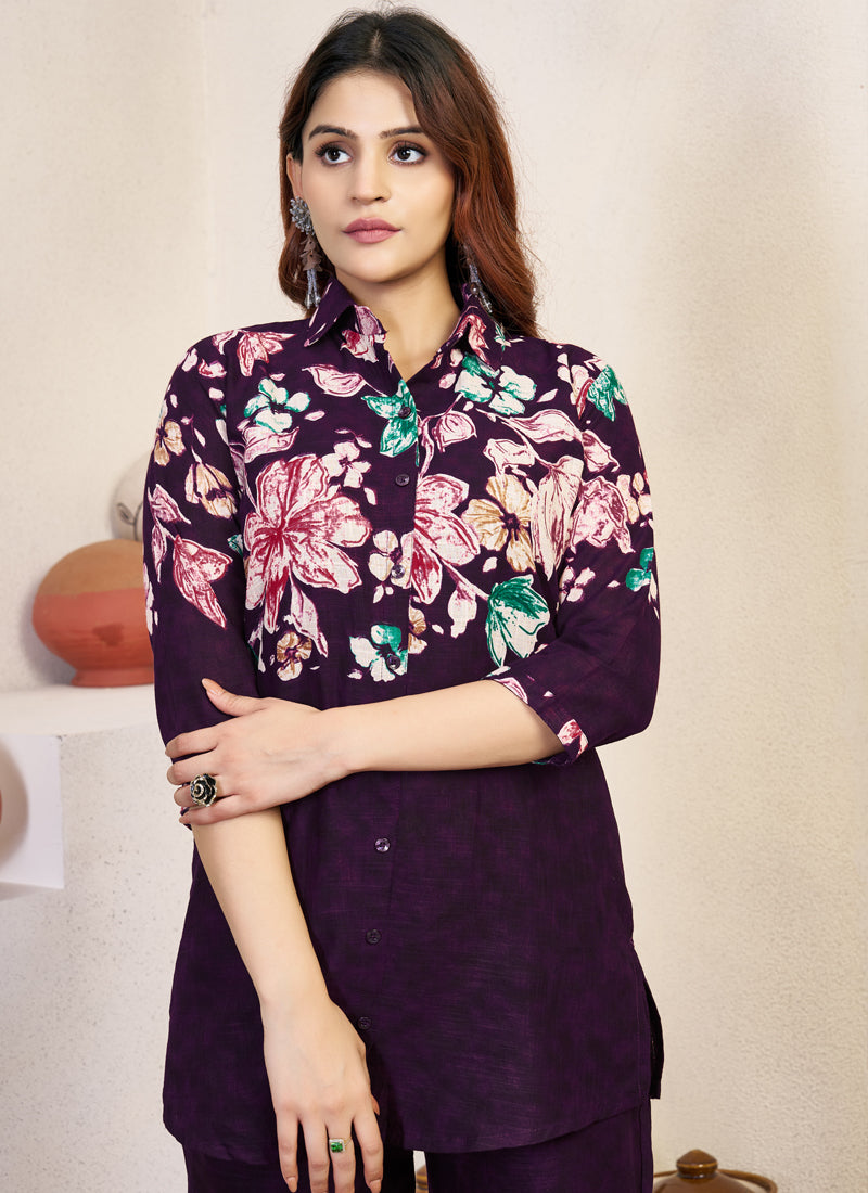 Prazu Fashion Violet Pure Cotton Stylish Prints Co-Ords Set | Grocsy