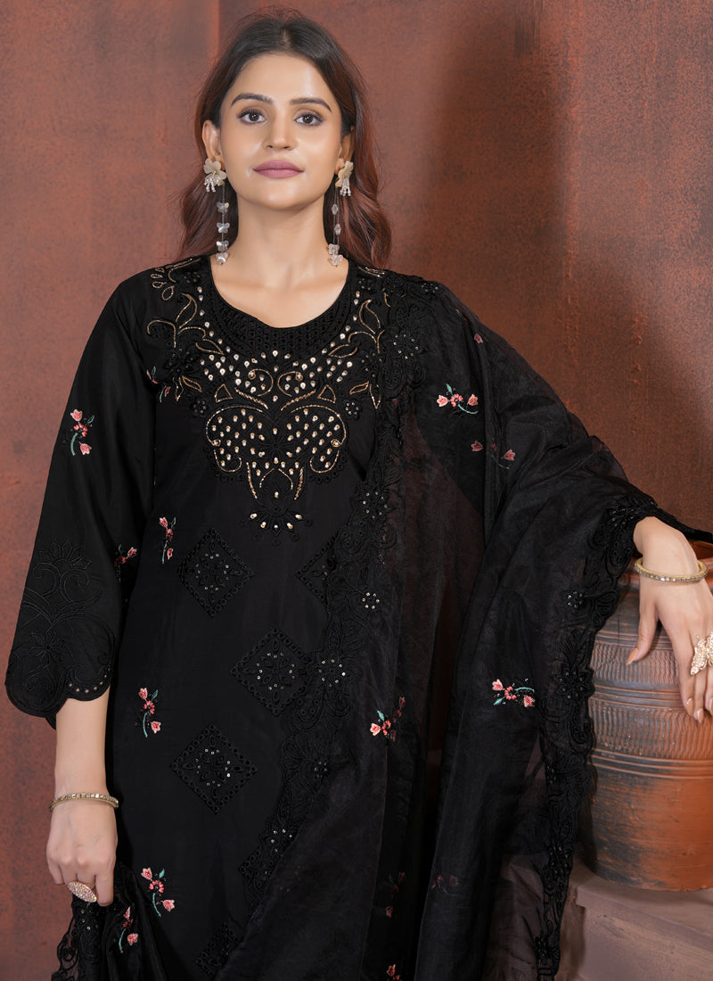 Prazu Fashion Black Viscose Roman Silk Embroidered Sequence Work Kurta Set | Grocsy