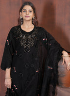 Prazu Fashion Black Viscose Roman Silk Embroidered Sequence Work Kurta Set | Grocsy