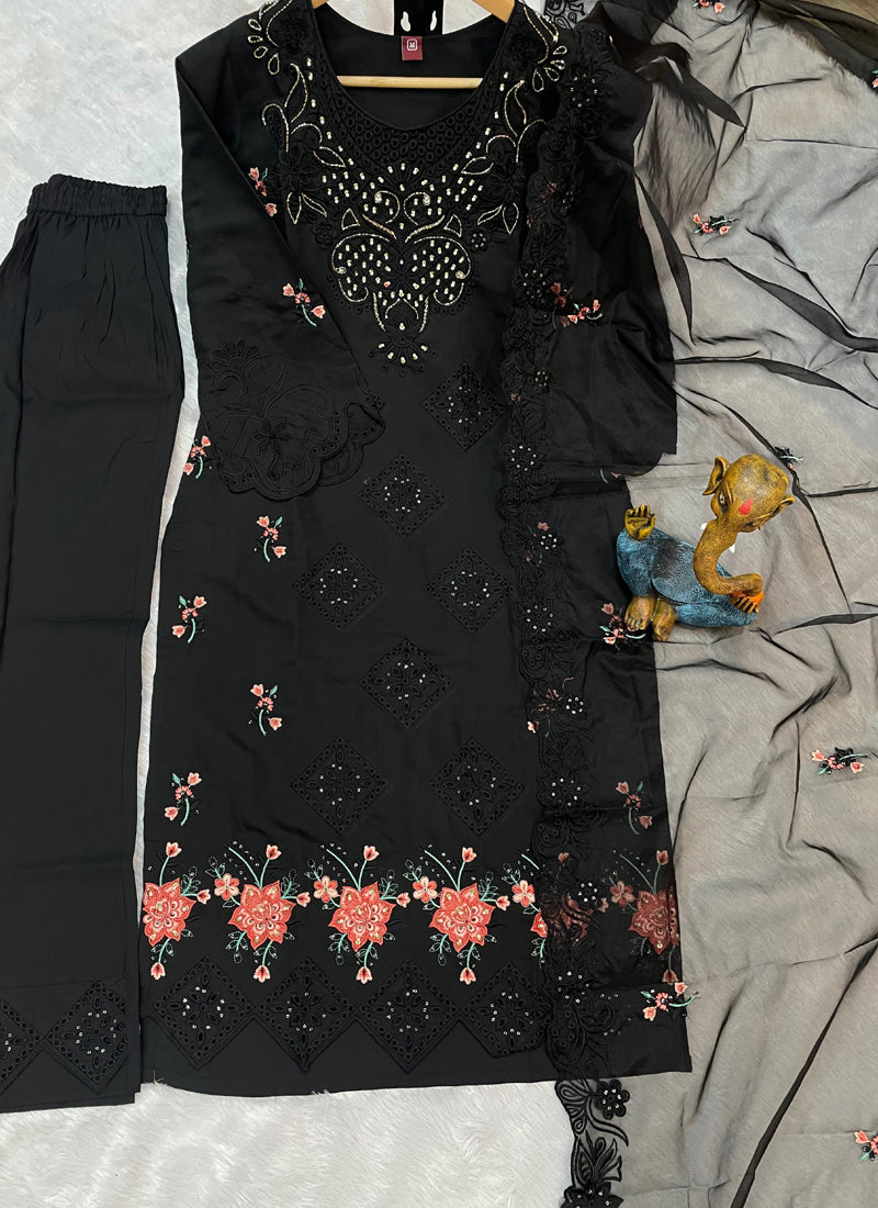 Prazu Fashion Black Viscose Roman Silk Embroidered Sequence Work Kurta Set | Grocsy