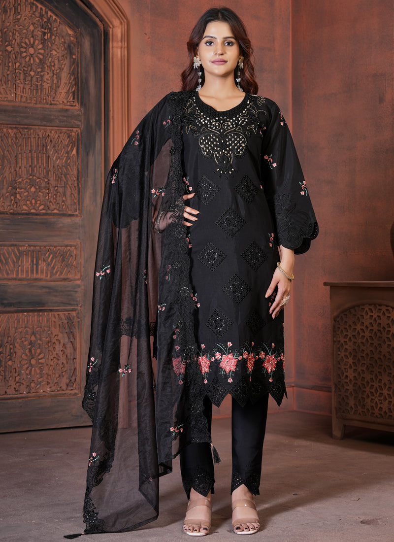Prazu Fashion Black Viscose Roman Silk Embroidered Sequence Work Kurta Set | Grocsy
