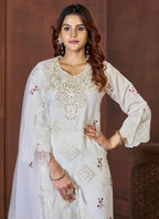 Prazu Fashion White Viscose Roman Silk Embroidered Sequence Work Kurta Set | Grocsy