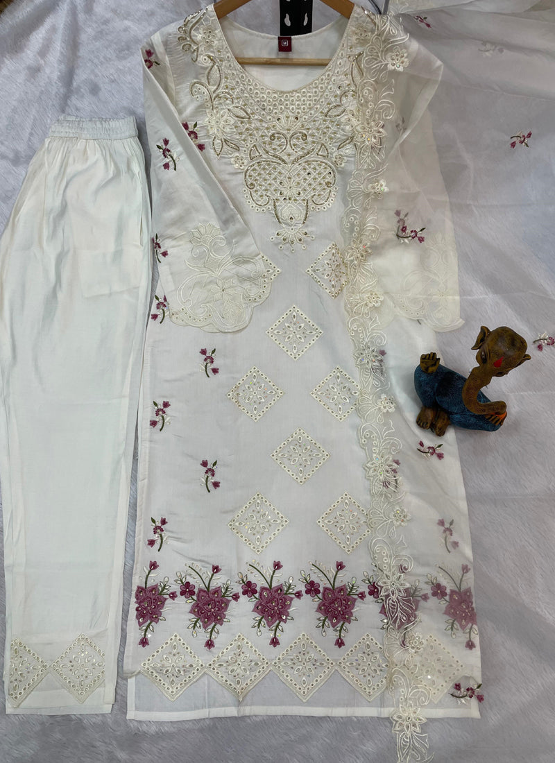 Prazu Fashion White Viscose Roman Silk Embroidered Sequence Work Kurta Set | Grocsy