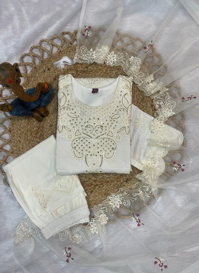 Prazu Fashion White Viscose Roman Silk Embroidered Sequence Work Kurta Set | Grocsy