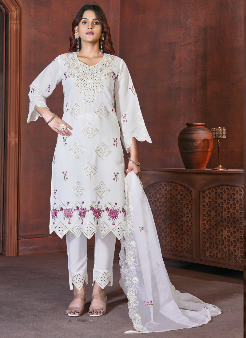 Prazu Fashion White Viscose Roman Silk Embroidered Sequence Work Kurta Set | Grocsy