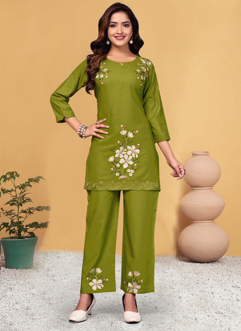 Prazu Fashion Mahendi Rayon Embroidery Thread Work Co-Ords Set | Grocsy