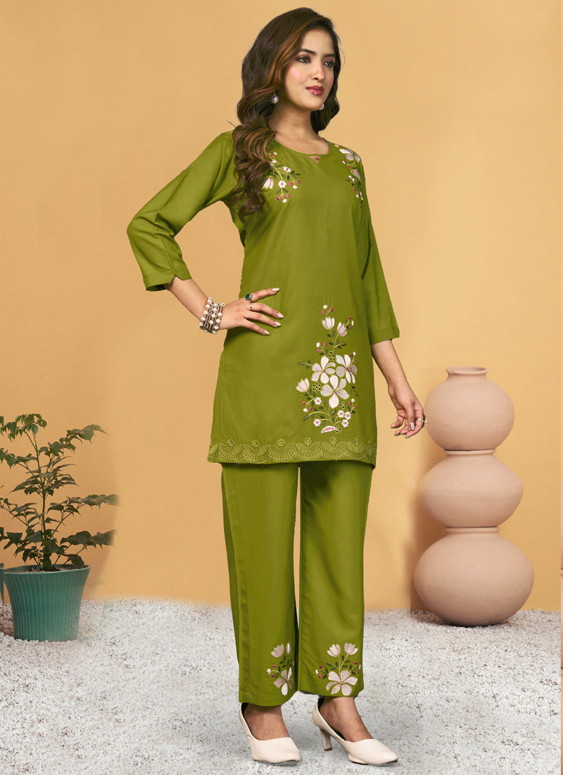 Prazu Fashion Mahendi Rayon Embroidery Thread Work Co-Ords Set | Grocsy