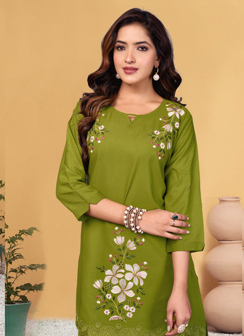 Prazu Fashion Mahendi Rayon Embroidery Thread Work Co-Ords Set | Grocsy