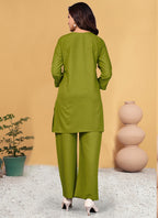 Prazu Fashion Mahendi Rayon Embroidery Thread Work Co-Ords Set | Grocsy