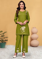 Prazu Fashion Mahendi Rayon Embroidery Thread Work Co-Ords Set | Grocsy