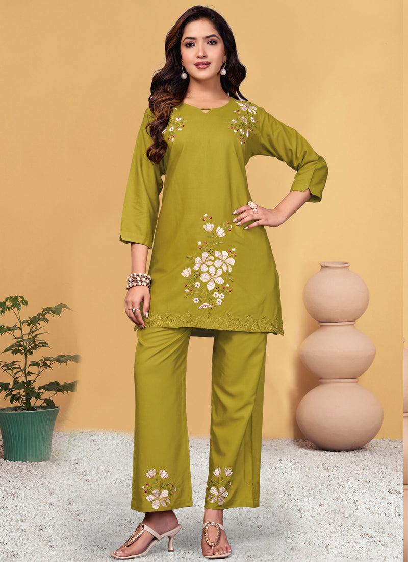 Prazu Fashion Mustard Rayon Embroidery Thread Work Co-Ords Set | Grocsy