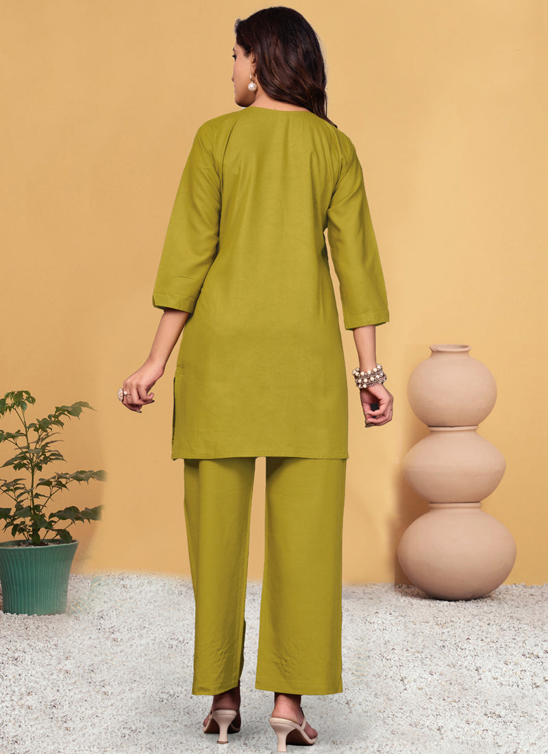 Prazu Fashion Mustard Rayon Embroidery Thread Work Co-Ords Set | Grocsy