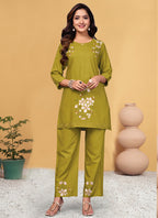 Prazu Fashion Mustard Rayon Embroidery Thread Work Co-Ords Set | Grocsy