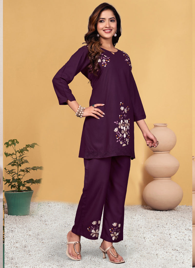 Prazu Fashion Wine Rayon Embroidery Thread Work Co-Ords Set | Grocsy