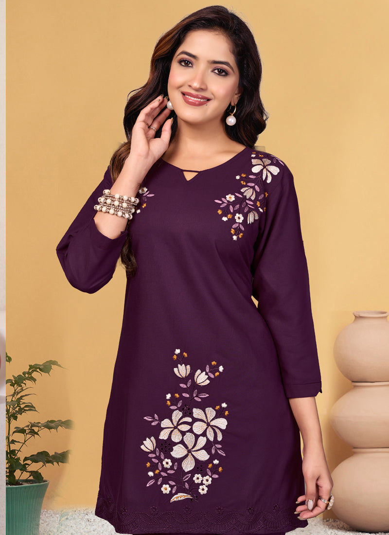 Prazu Fashion Wine Rayon Embroidery Thread Work Co-Ords Set | Grocsy