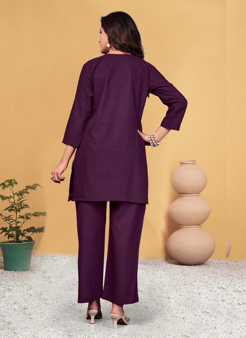 Prazu Fashion Wine Rayon Embroidery Thread Work Co-Ords Set | Grocsy