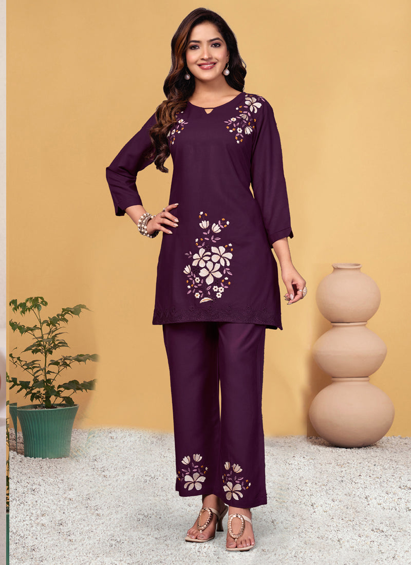 Prazu Fashion Wine Rayon Embroidery Thread Work Co-Ords Set | Grocsy