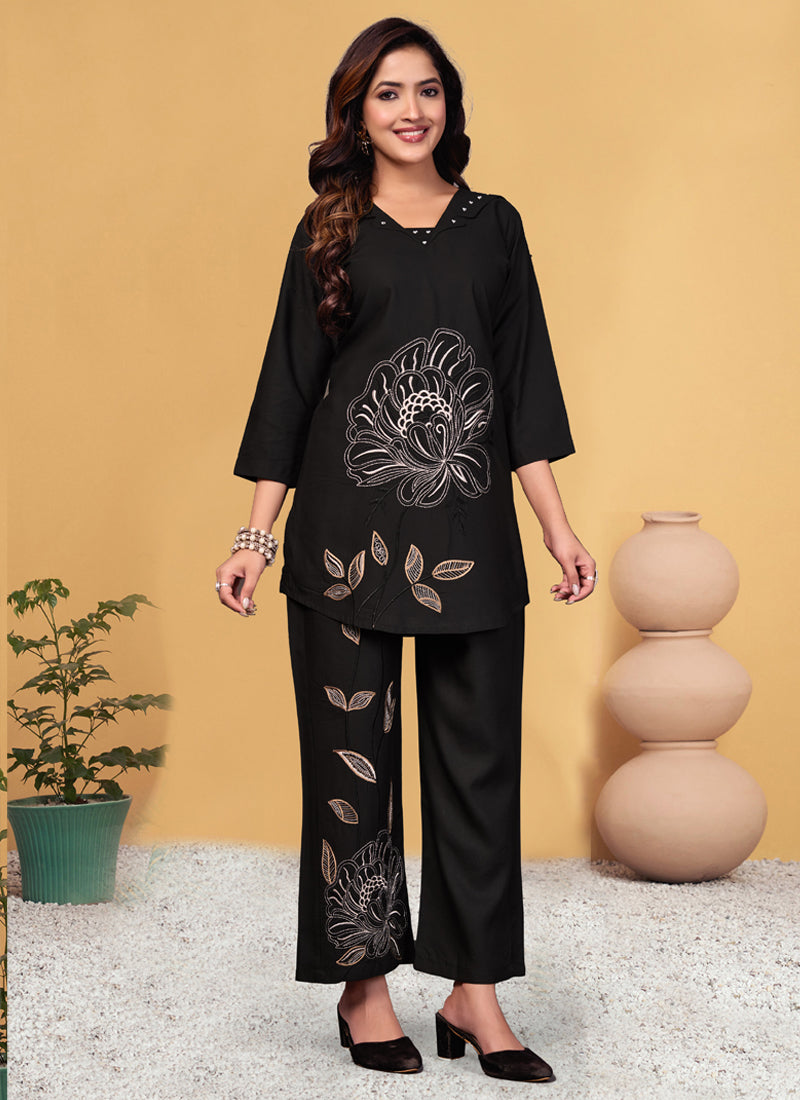 Prazu Fashion Black Viscose Rayon Embroidery Thread Work Co-Ords Set | Grocsy