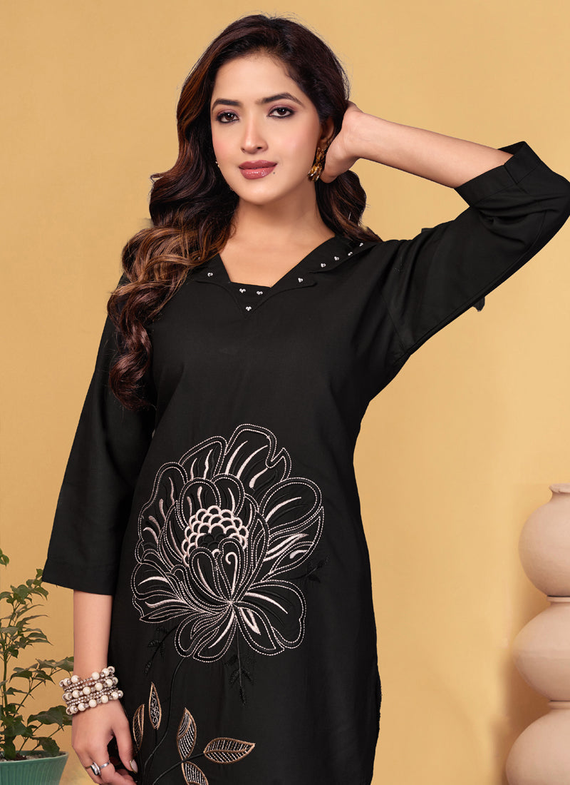 Prazu Fashion Black Viscose Rayon Embroidery Thread Work Co-Ords Set | Grocsy