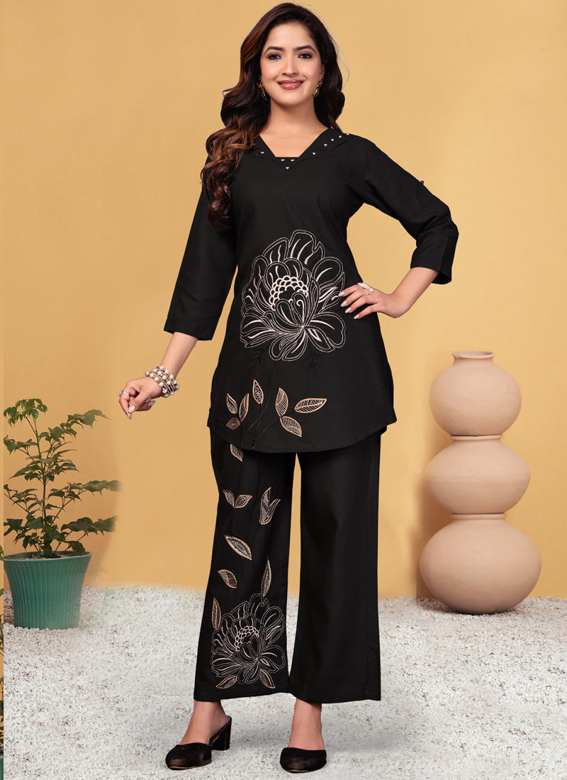 Prazu Fashion Black Viscose Rayon Embroidery Thread Work Co-Ords Set | Grocsy