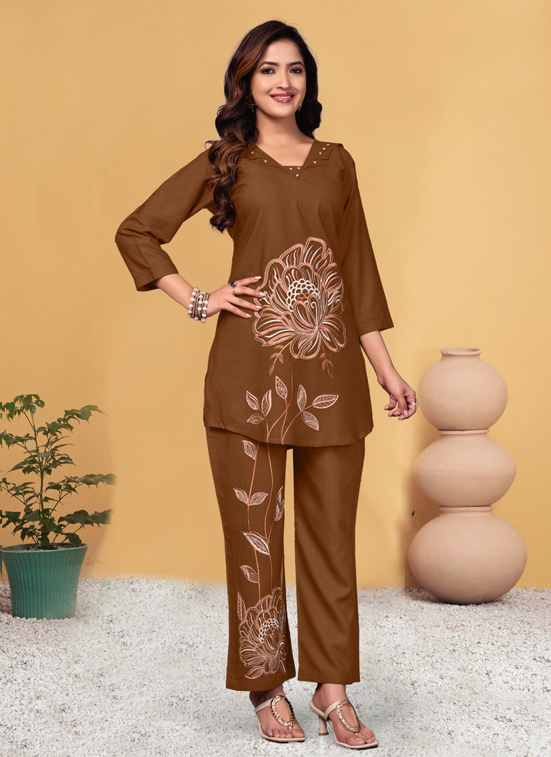 Prazu Fashion Brown Viscose Rayon Embroidery Thread Work Co-Ords Set | Grocsy