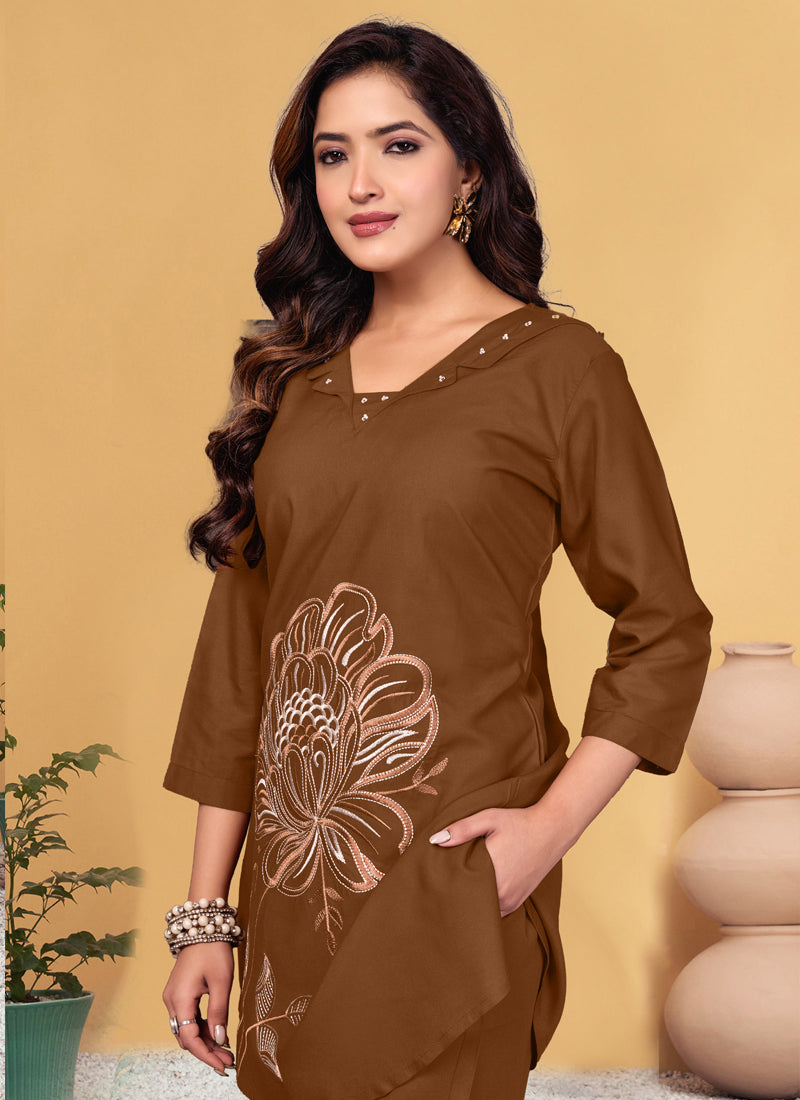 Prazu Fashion Brown Viscose Rayon Embroidery Thread Work Co-Ords Set | Grocsy