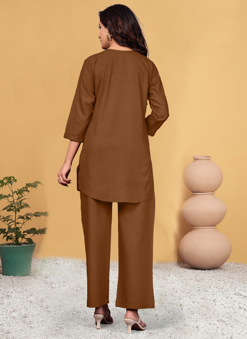 Prazu Fashion Brown Viscose Rayon Embroidery Thread Work Co-Ords Set | Grocsy