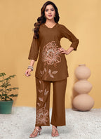 Prazu Fashion Brown Viscose Rayon Embroidery Thread Work Co-Ords Set | Grocsy