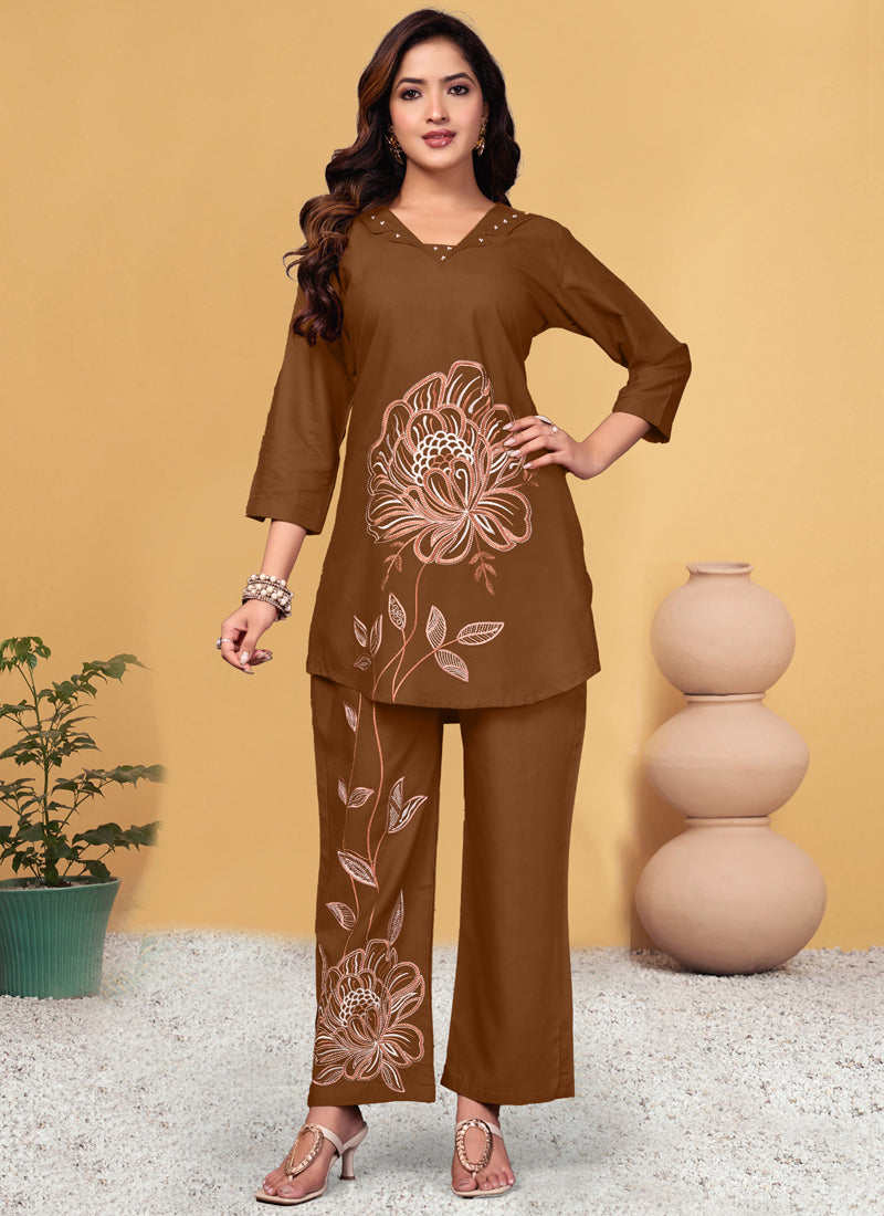 Prazu Fashion Brown Viscose Rayon Embroidery Thread Work Co-Ords Set | Grocsy