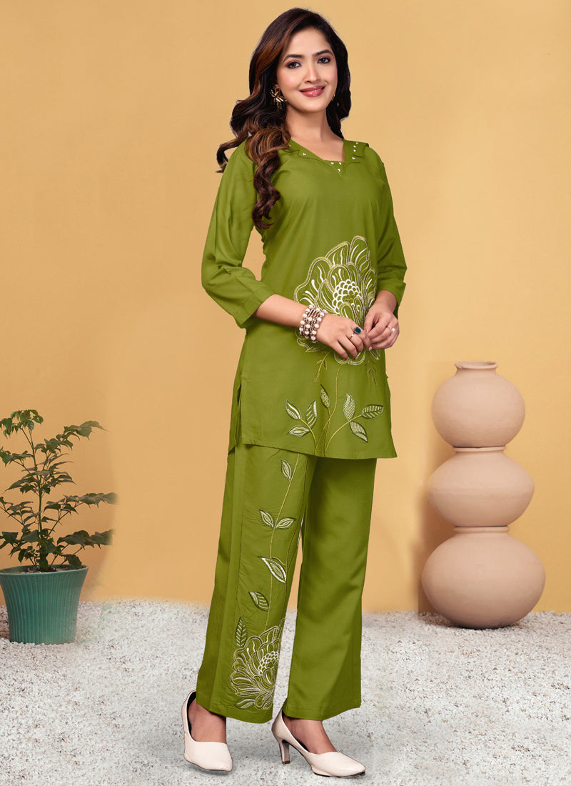 Prazu Fashion Parrot Green Viscose Rayon Embroidery Thread Work Co-Ords Set | Grocsy
