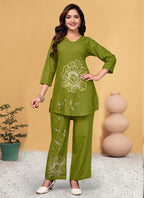 Prazu Fashion Parrot Green Viscose Rayon Embroidery Thread Work Co-Ords Set | Grocsy