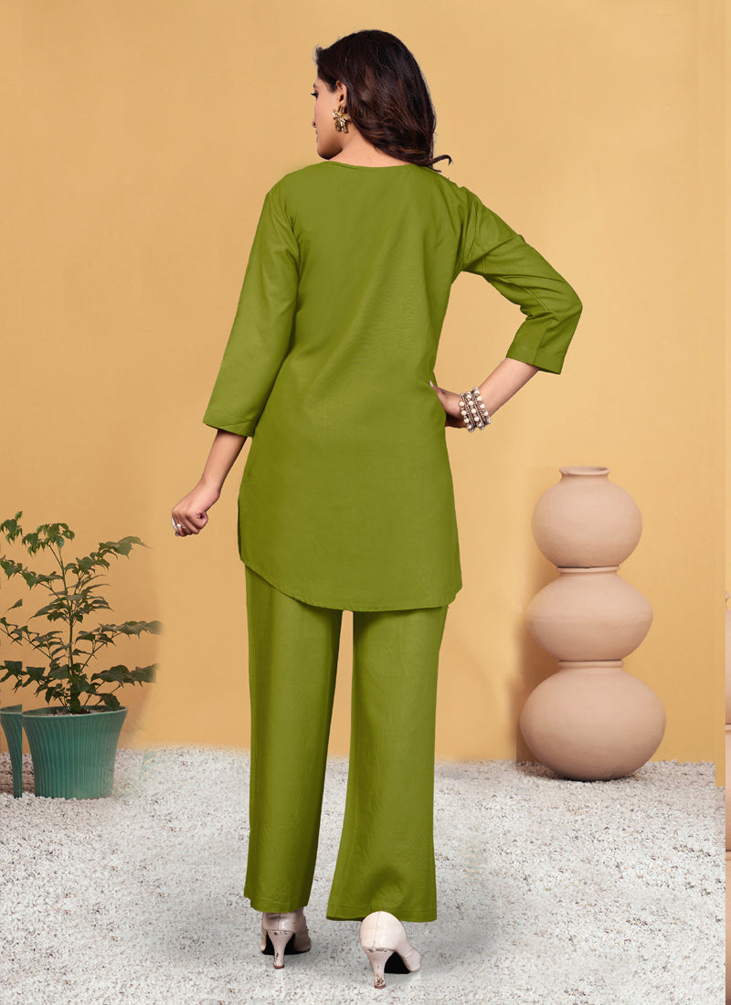 Prazu Fashion Parrot Green Viscose Rayon Embroidery Thread Work Co-Ords Set | Grocsy