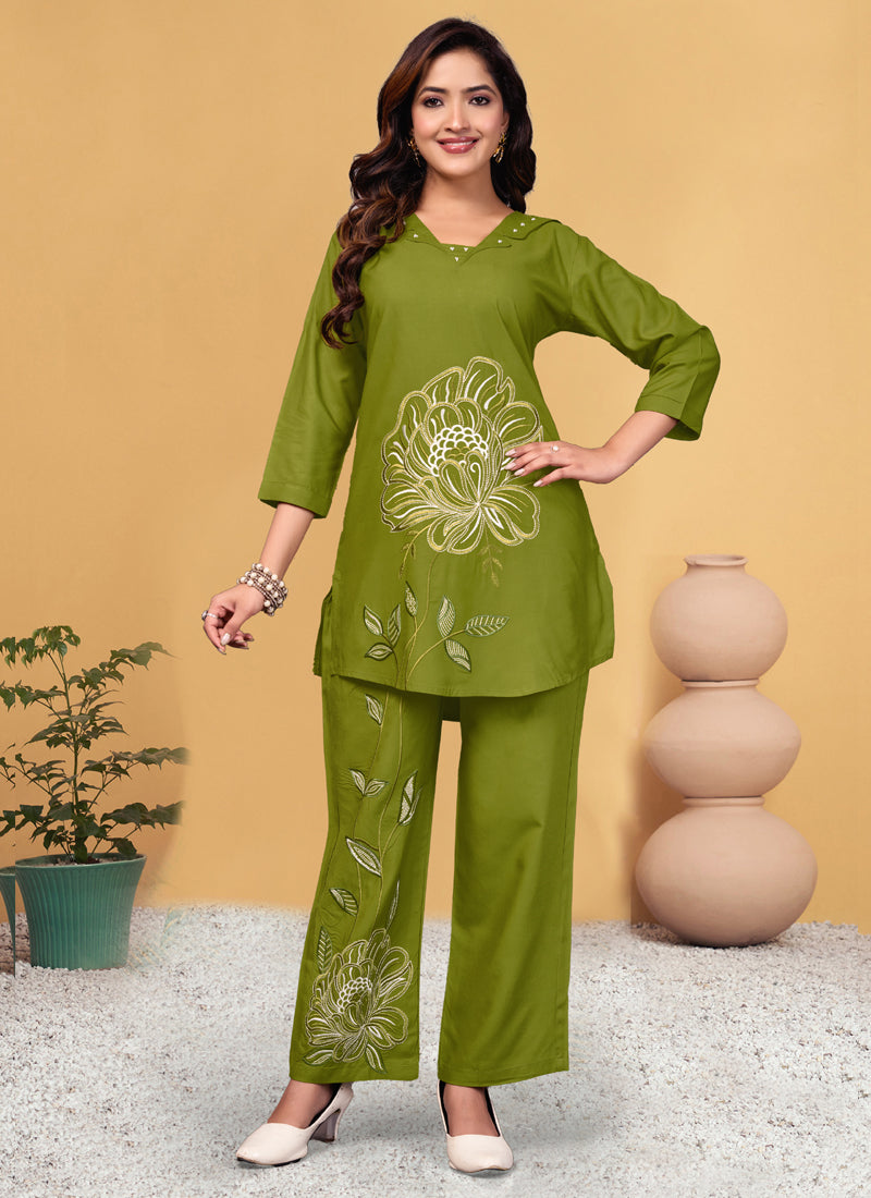 Prazu Fashion Parrot Green Viscose Rayon Embroidery Thread Work Co-Ords Set | Grocsy