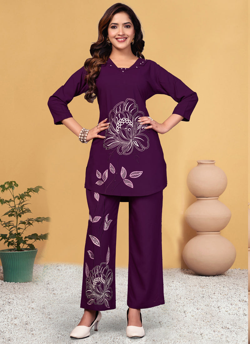 Prazu Fashion Purple Viscose Rayon Embroidery Thread Work Co-Ords Set | Grocsy