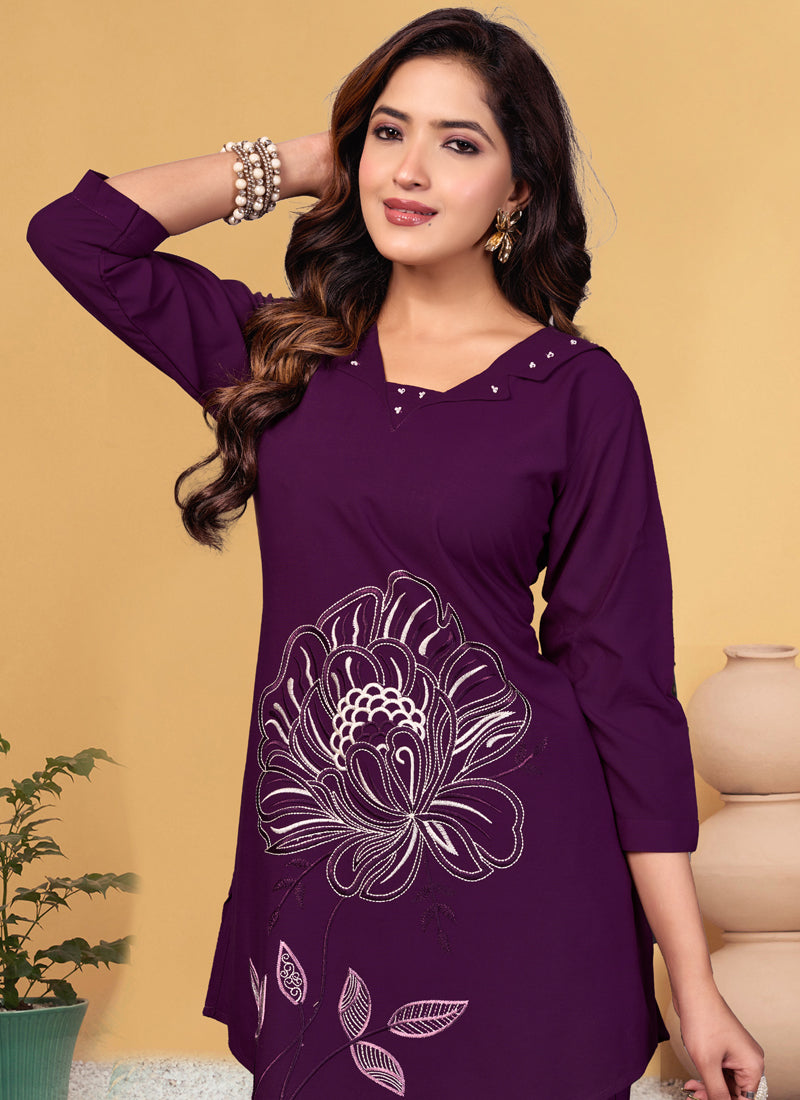 Prazu Fashion Purple Viscose Rayon Embroidery Thread Work Co-Ords Set | Grocsy