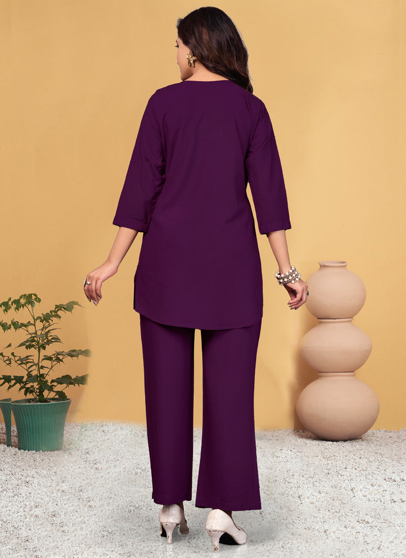 Prazu Fashion Purple Viscose Rayon Embroidery Thread Work Co-Ords Set | Grocsy