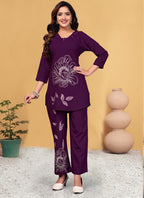 Prazu Fashion Purple Viscose Rayon Embroidery Thread Work Co-Ords Set | Grocsy