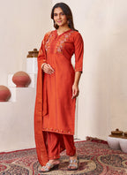 Prazu Fashion Rust Roman Silk Embroidered Sequence Work Kurta Set | Grocsy