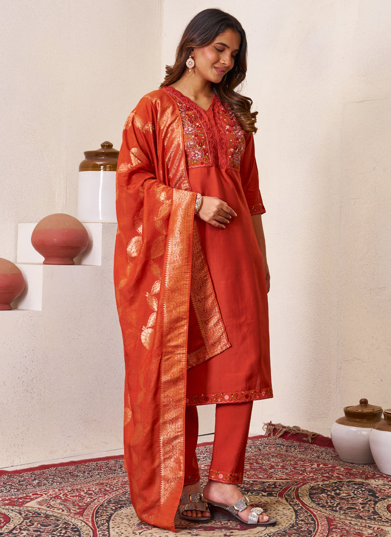 Prazu Fashion Rust Roman Silk Embroidered Sequence Work Kurta Set | Grocsy