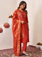 Prazu Fashion Rust Roman Silk Embroidered Sequence Work Kurta Set | Grocsy