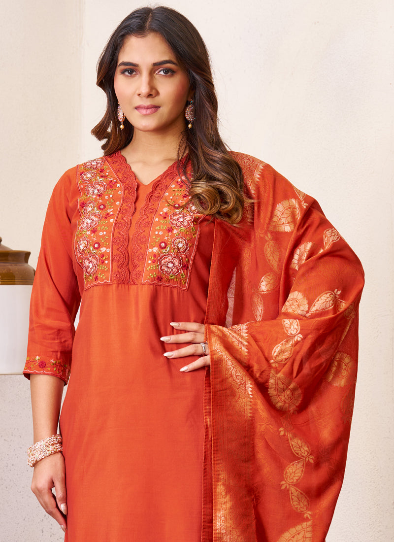 Prazu Fashion Rust Roman Silk Embroidered Sequence Work Kurta Set | Grocsy