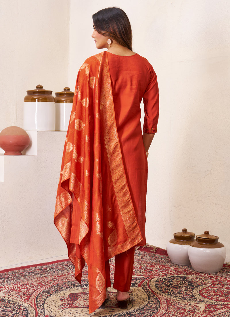 Prazu Fashion Rust Roman Silk Embroidered Sequence Work Kurta Set | Grocsy