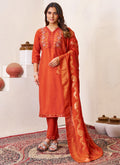 Prazu Fashion Rust Roman Silk Embroidered Sequence Work Kurta Set | Grocsy