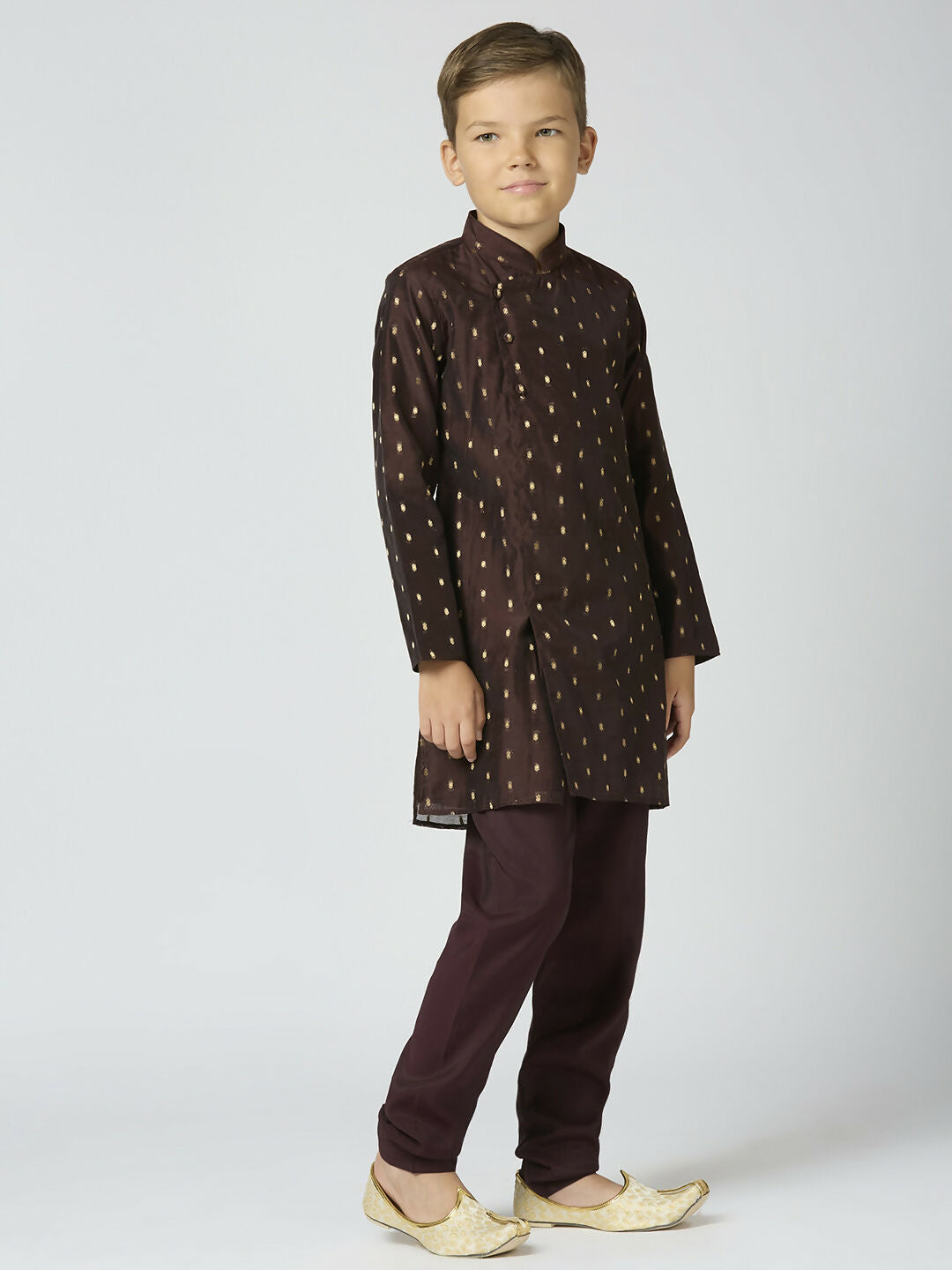 Joban Fashion Kids Island Full Sleeves Chanderi Kurta, Pyjama Set with Traditional Butta Work - Brown | Grocsy