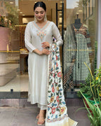 The52 Off White Women's Gorgeous Embroidered Viscose Chanderi Fabric Straight Kurta Pant with Dupatta Set | Grocsy